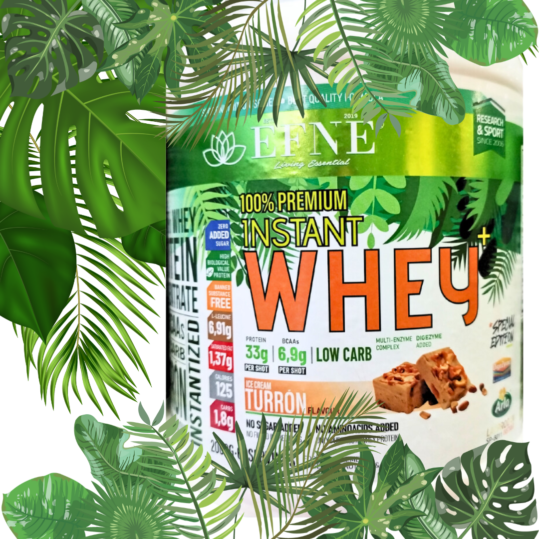 Suplemento de proteína WHEY EFNE sabor helado turrón, envase con etiqueta y diseño colorido, edición especial.