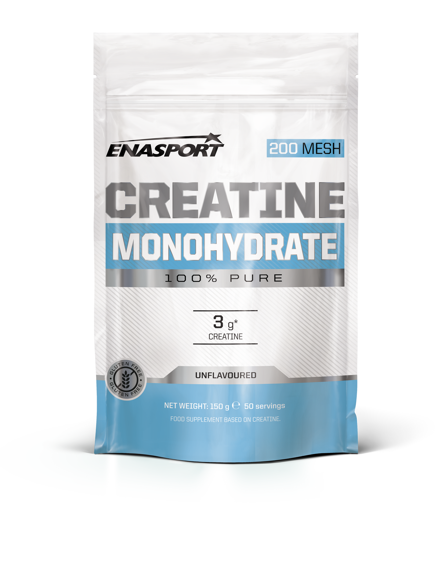 Creatina monohidrato individual en sobre Doypack de Enasport, polvo blanco para deportistas y entrenamiento.