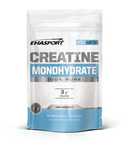 Creatina monohidrato individual en sobre Doypack de Enasport, polvo blanco para deportistas y entrenamiento.