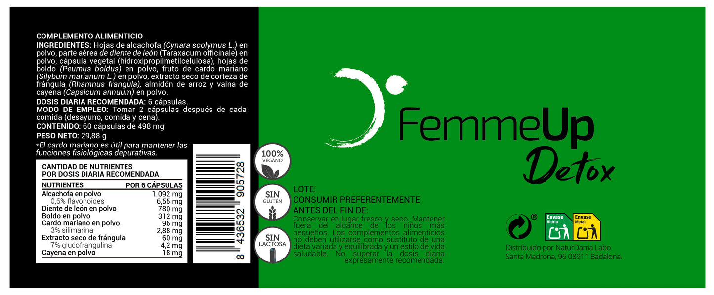 Etiqueta de cápsulas FemmeUp Detox, suplemento natural para detoxificación, con información sobre ingredientes y dosis.