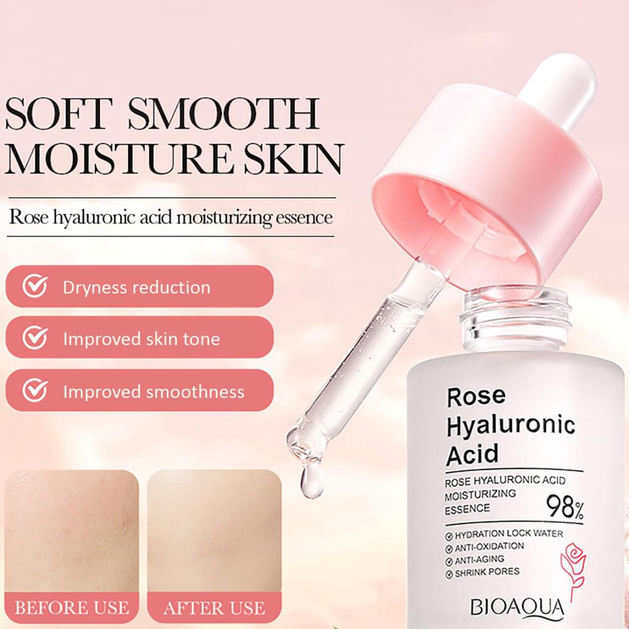 Esencia Facial de Rosa y Ácido Hialurónico – Hidratación Profunda, Luminosidad Natural y Nutrición en 30 ml