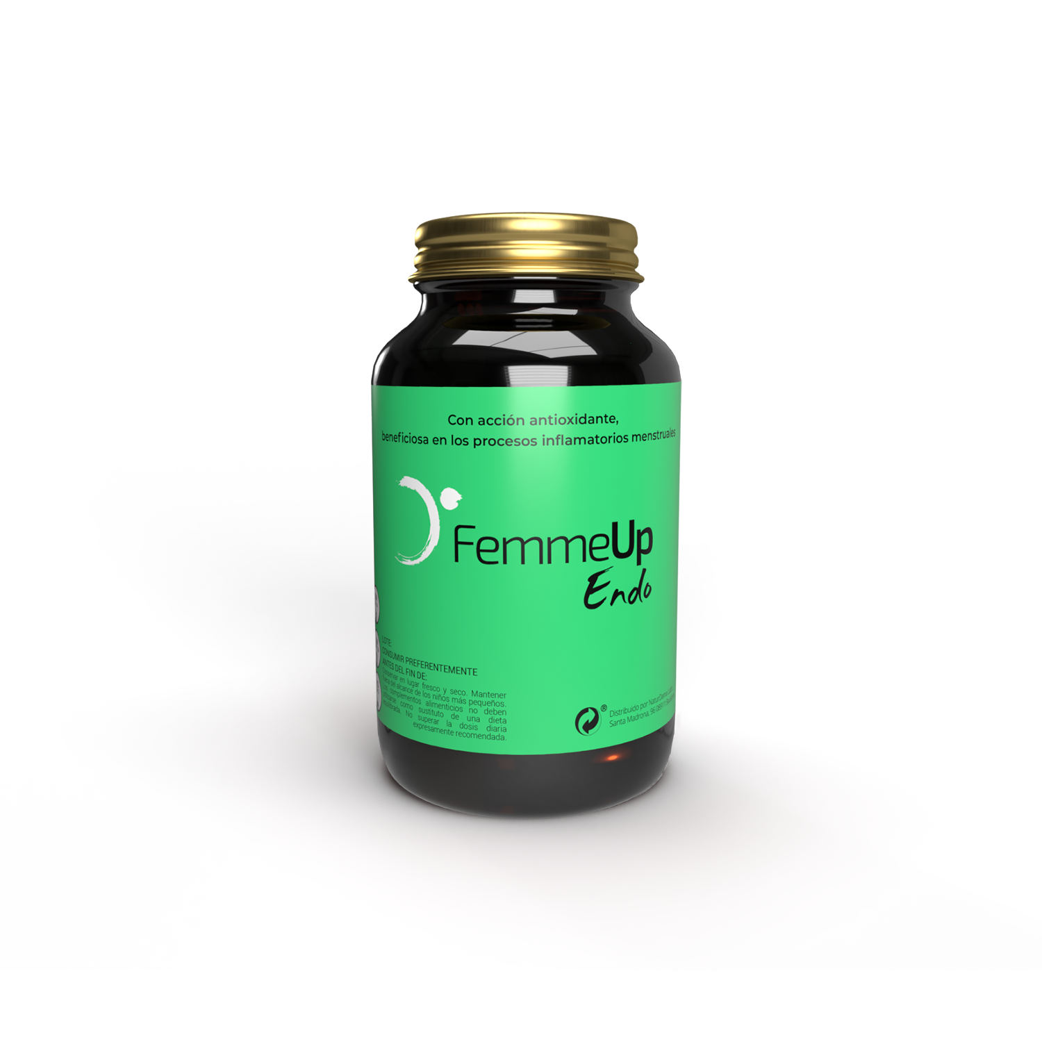 Cápsulas FemmeUp Endo de Femmeup, botella con varias cápsulas de suplemento para la salud femenina.