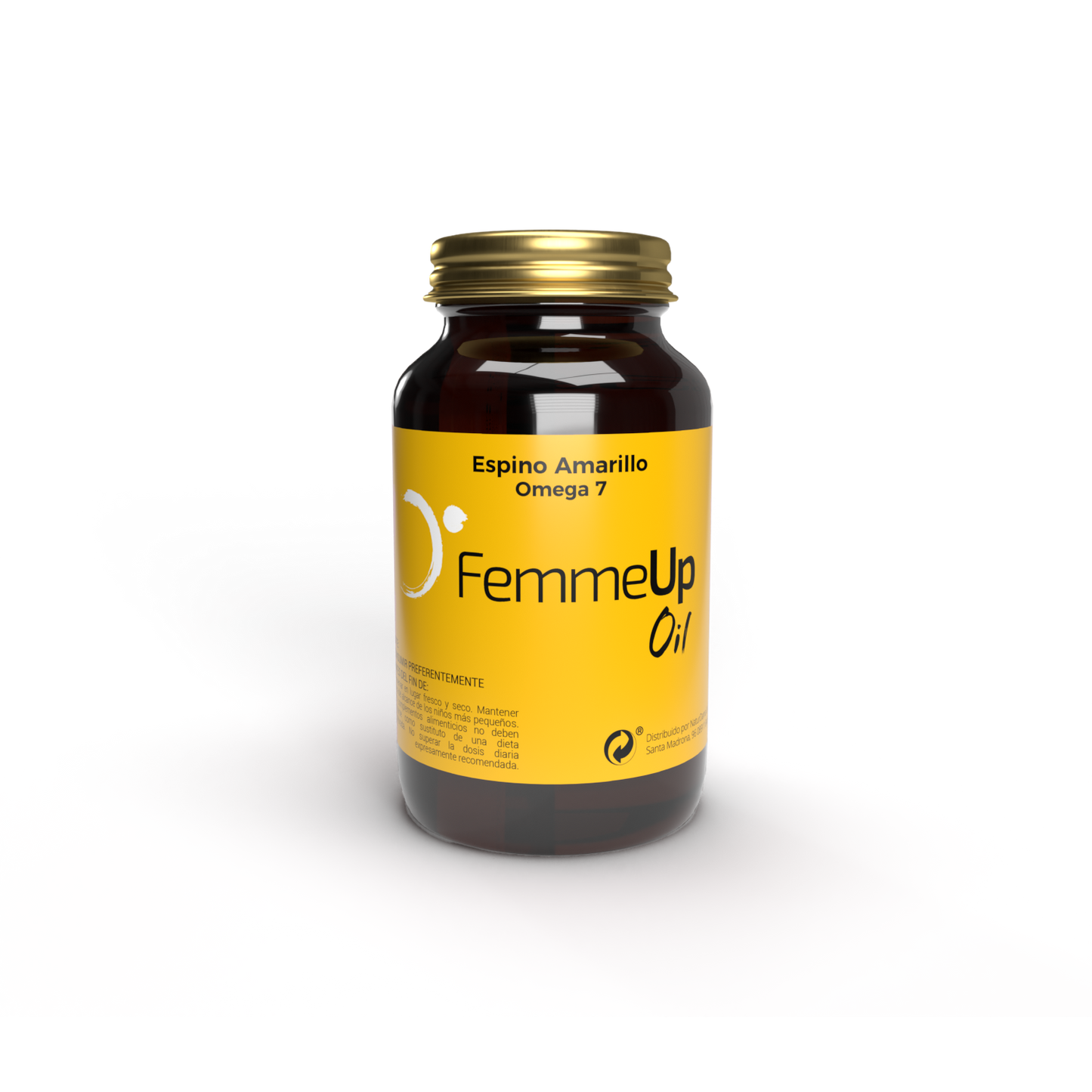 Cápsulas FemmeUp Oil de la marca Femmeup, botella con varias cápsulas blancas sobre fondo neutro.