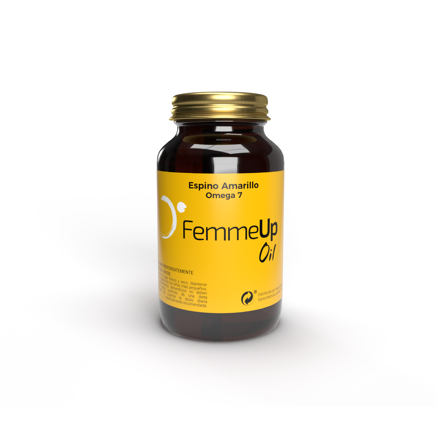 Cápsulas FemmeUp Oil de la marca Femmeup, botella con varias cápsulas blancas sobre fondo neutro.