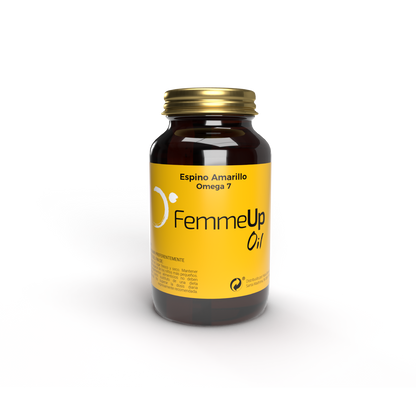 Cápsulas FemmeUp Oil de la marca Femmeup, botella con varias cápsulas blancas sobre fondo neutro.