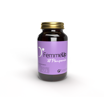 Cápsulas FemmeUp Plenipausia de Femmeup, suplemento para mujeres, imagen de la caja y cápsulas en un fondo neutro