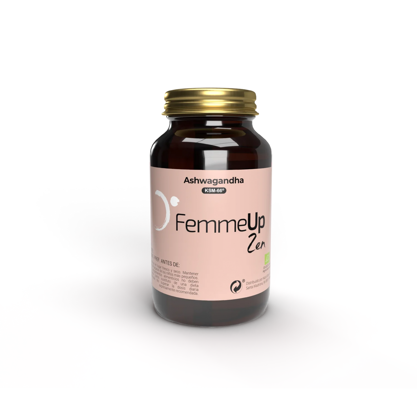 Cápsulas FemmeUp Zen de la marca Femmeup, con envase blanco y etiqueta con detalles en verde y rosa, para bienestar femenino.