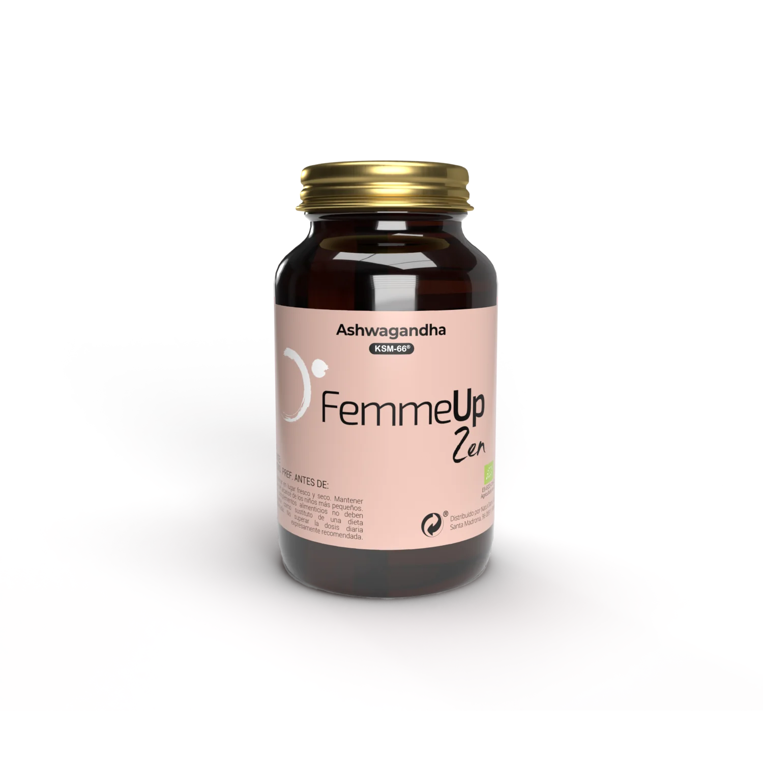 Cápsulas FemmeUp Zen de la marca Femmeup, con envase blanco y etiqueta con detalles en verde y rosa, para bienestar femenino.