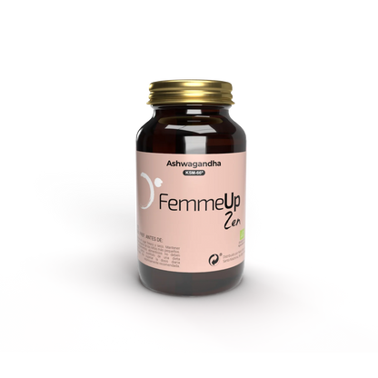 Cápsulas FemmeUp Zen de la marca Femmeup, con envase blanco y etiqueta con detalles en verde y rosa, para bienestar femenino.