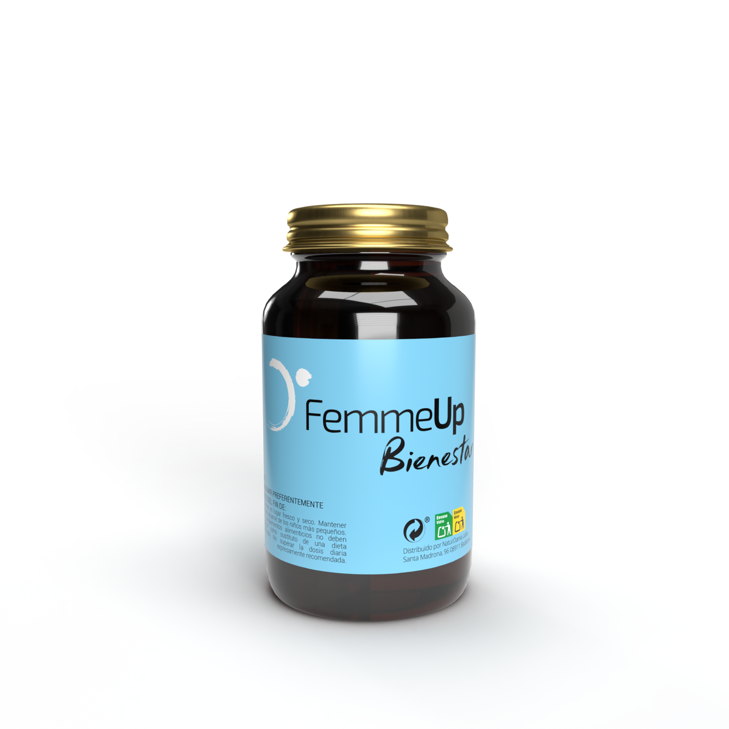Cápsulas FemmeUp Bienestar de la marca Femmeup, con envase que muestra las cápsulas blancas y moradas para el bienestar femenino.
