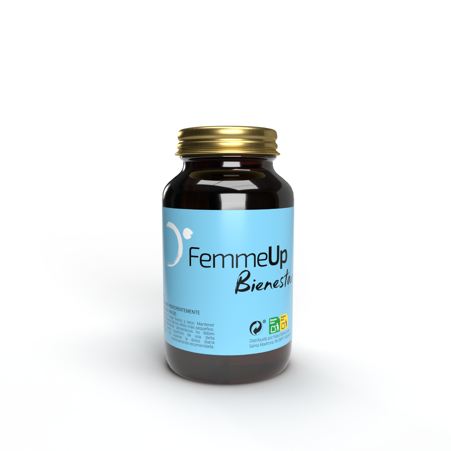 Cápsulas FemmeUp Bienestar de la marca Femmeup, con envase que muestra las cápsulas blancas y moradas para el bienestar femenino.