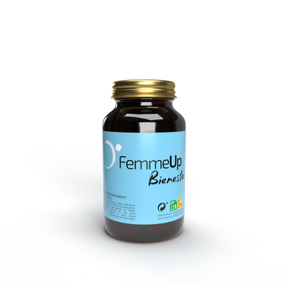 Cápsulas FemmeUp Bienestar de la marca Femmeup, con envase que muestra las cápsulas blancas y moradas para el bienestar femenino.