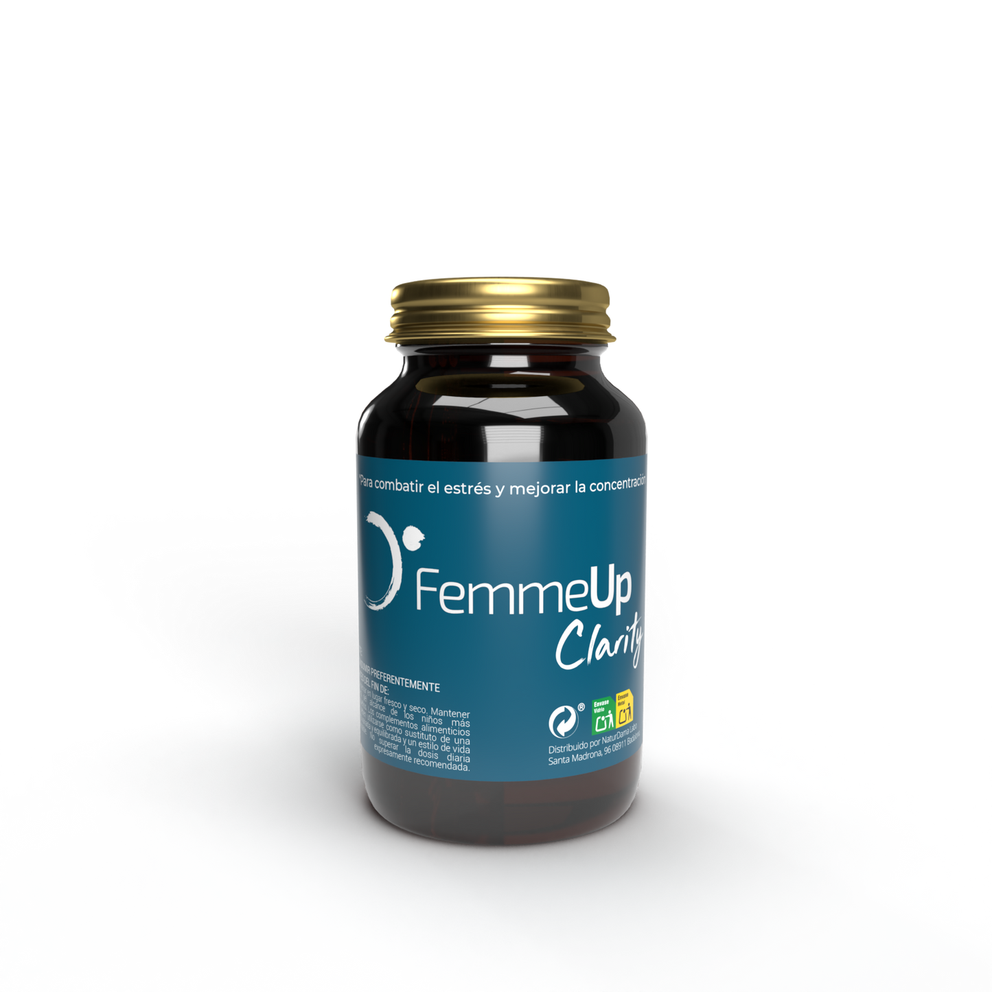Cápsulas FemmeUp Clarity de Femmeup, envase con varias cápsulas blancas en una caja blanca y azul.