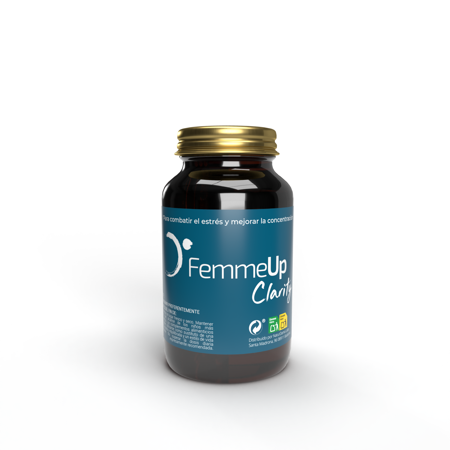 Cápsulas FemmeUp Clarity de Femmeup, envase con varias cápsulas blancas en una caja blanca y azul.