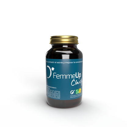 Cápsulas FemmeUp Clarity de Femmeup, envase con varias cápsulas blancas en una caja blanca y azul.