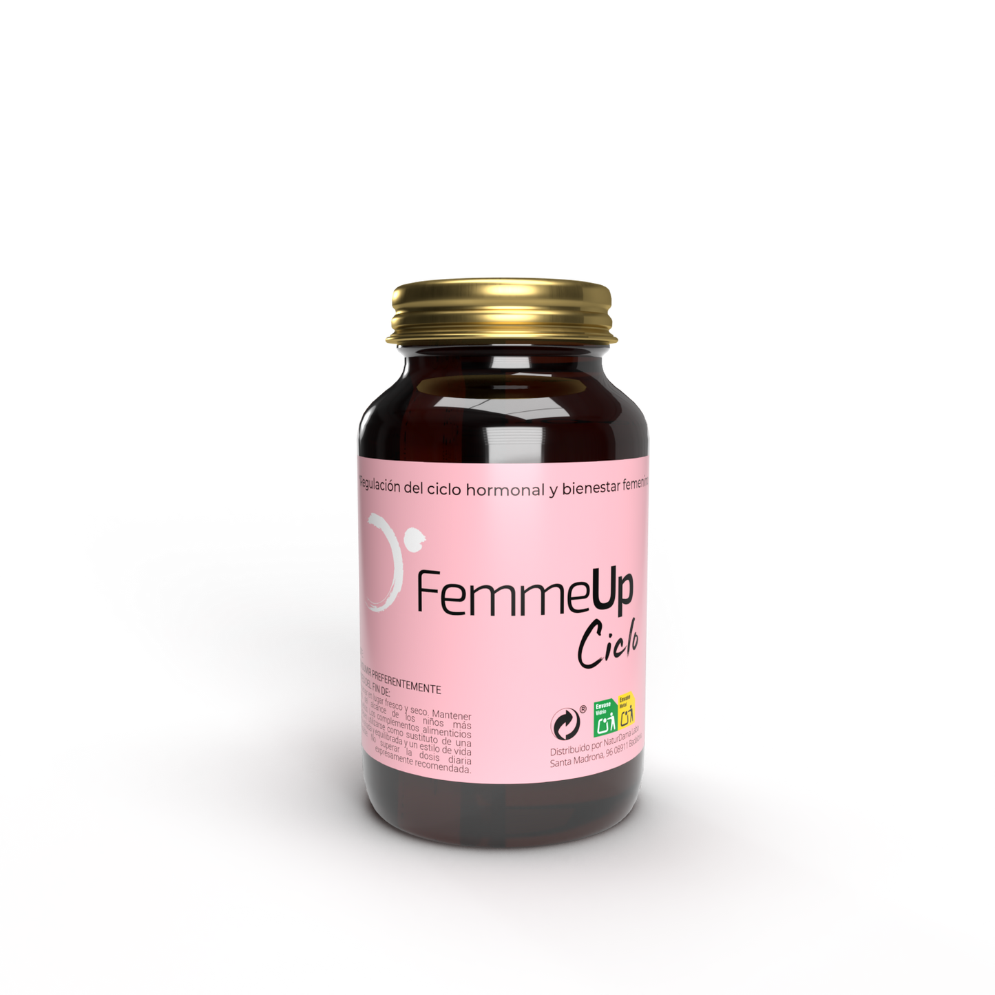 Cápsulas FemmeUp Ciclo de la marca Femmeup, envase blanco con etiqueta azul y texto negro, visibles en la imagen