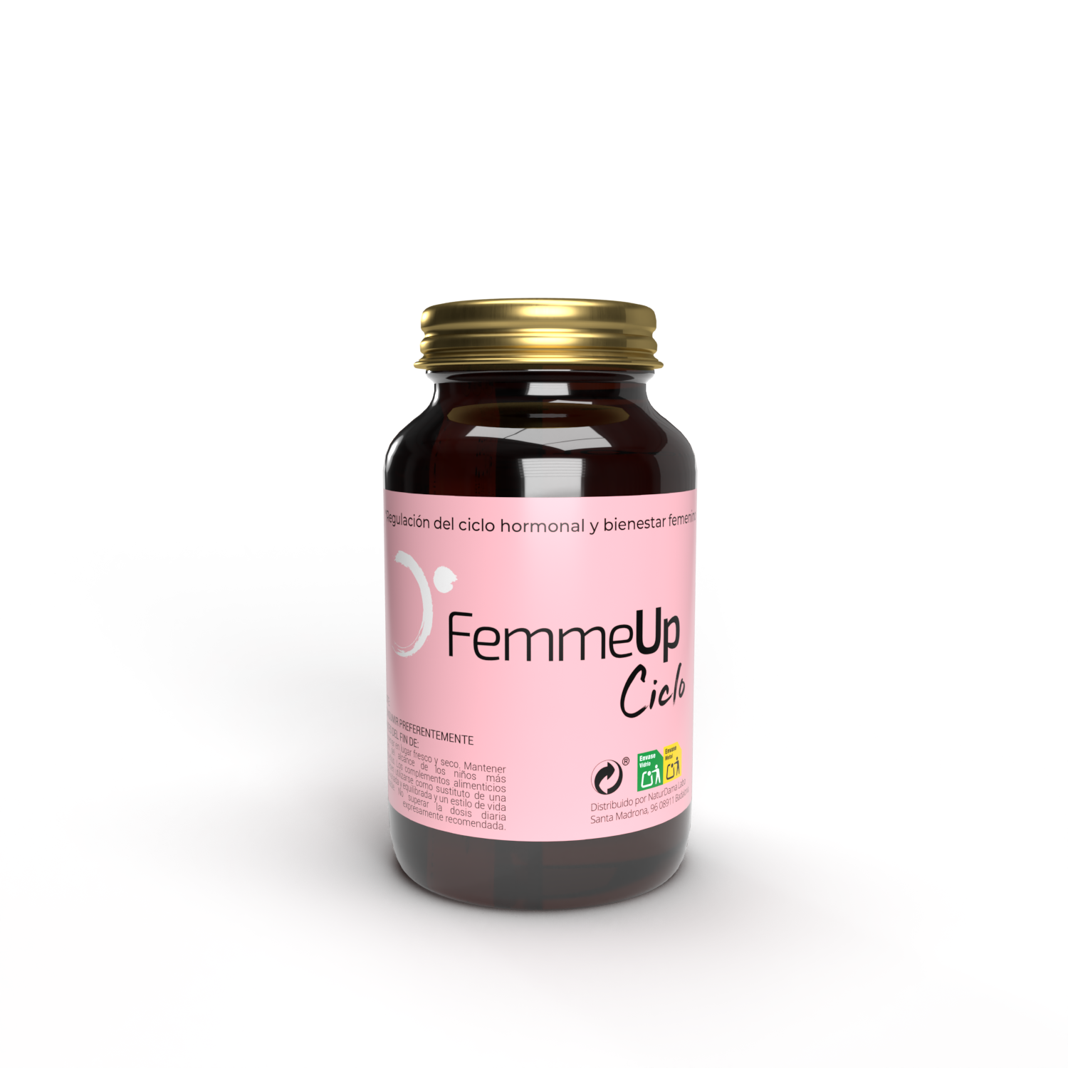 Cápsulas FemmeUp Ciclo de la marca Femmeup, envase blanco con etiqueta azul y texto negro, visibles en la imagen