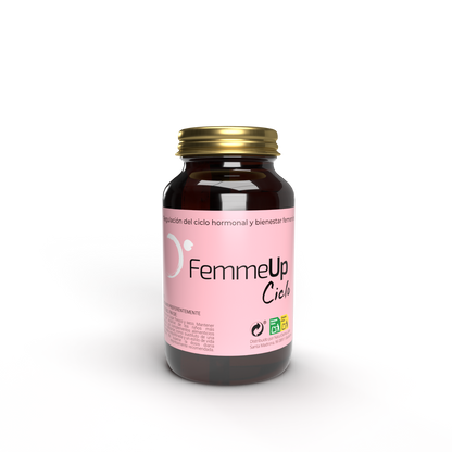 Cápsulas FemmeUp Ciclo de la marca Femmeup, envase blanco con etiqueta azul y texto negro, visibles en la imagen