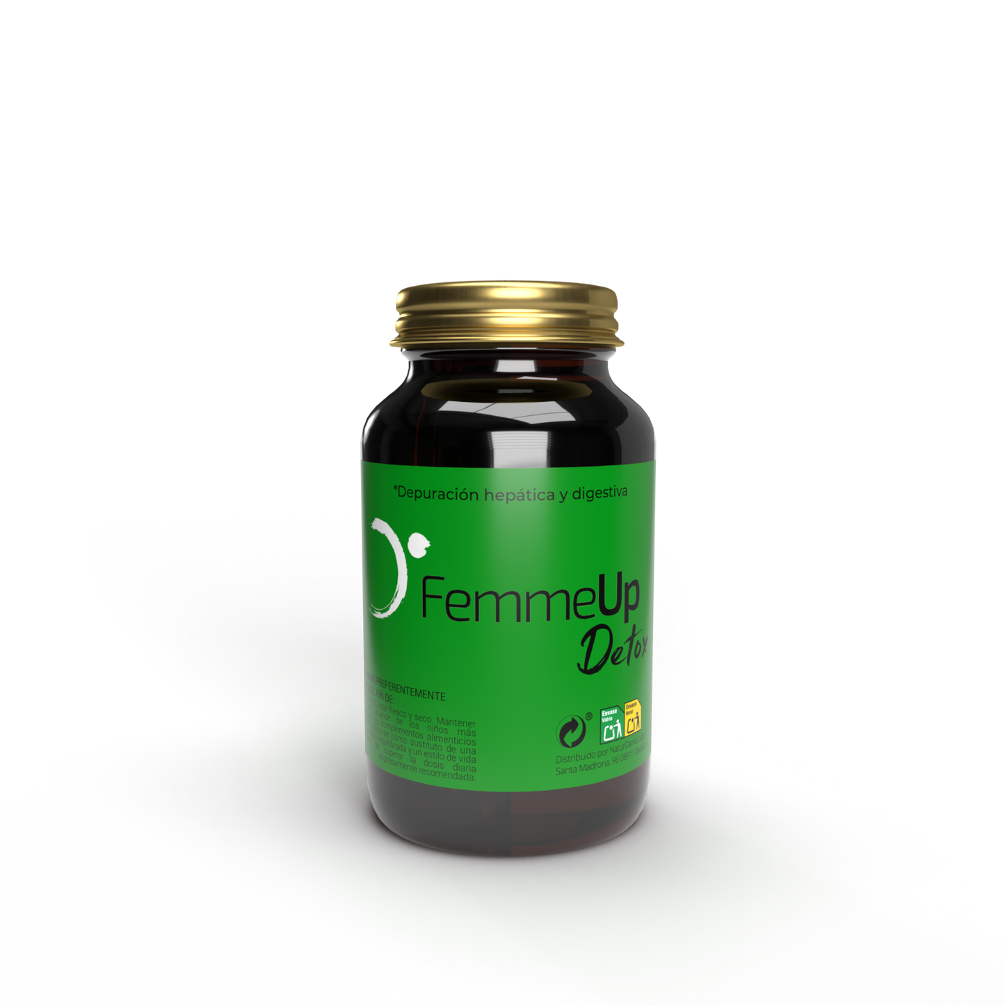 Cápsulas FemmeUp Detox de la marca Femmeup, envase con varias cápsulas blancas y verdes en una caja blanca.