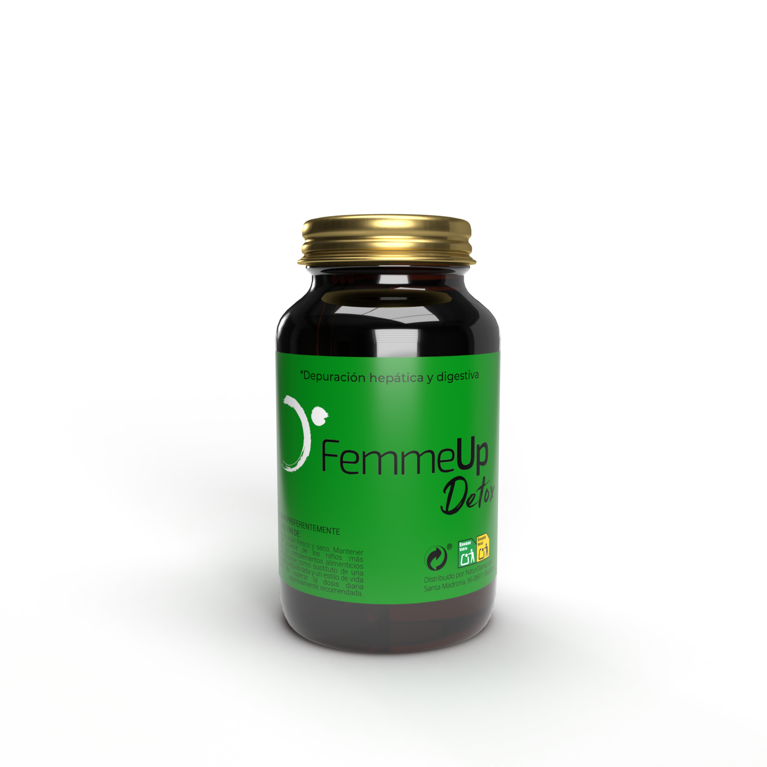 Cápsulas FemmeUp Detox de la marca Femmeup, envase con varias cápsulas blancas y verdes en una caja blanca.