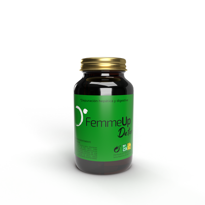Cápsulas FemmeUp Detox de la marca Femmeup, envase con varias cápsulas blancas y verdes en una caja blanca.
