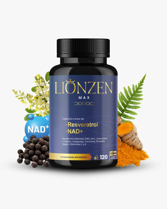 Complemento alimenticio Lionzen Max en envase con cápsulas blancas y etiqueta colorida, ideal para mejorar la salud y bienestar.