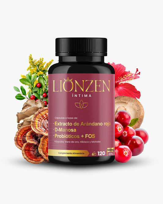 Suplemento alimenticio Lionzen Intima en envase con cápsulas, para apoyar la salud íntima femenina.