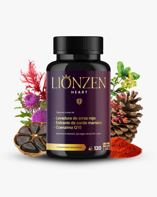 Suplemento alimenticio Lionzen Heart con cápsulas, muestra la caja con el logotipo y diseño en colores blancos y verdes.