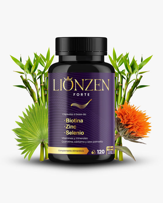 Suplemento alimenticio Lionzen Forte en cápsulas, con envase blanco y etiqueta con detalles en verde y azul.