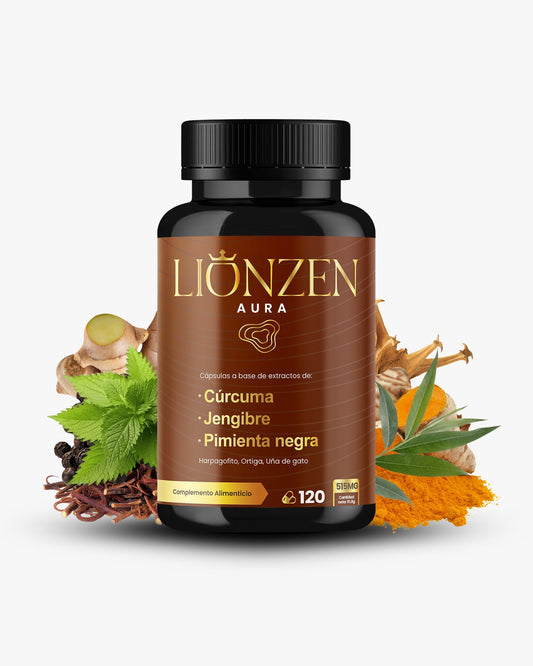 Complemento alimenticio Lionzen Aura en envase con cápsulas, saludable y natural para bienestar.