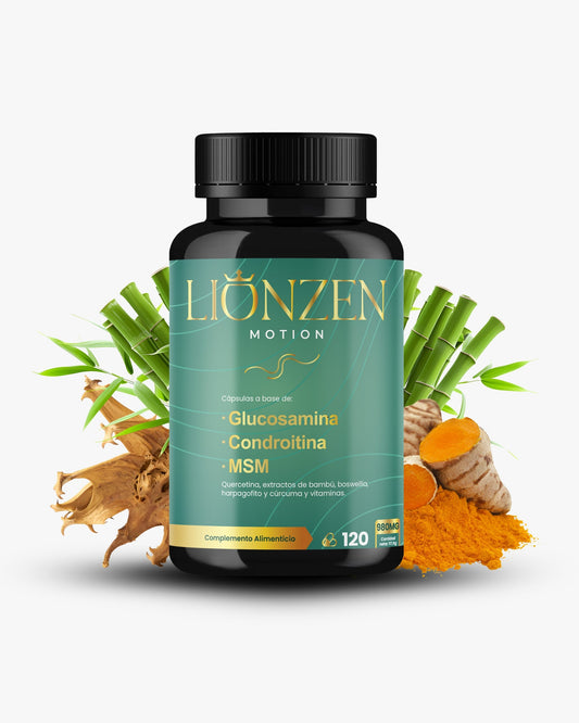 Complemento alimenticio Lionzen Motion en envase con cápsulas, diseñado para apoyar la movilidad y la salud articular.