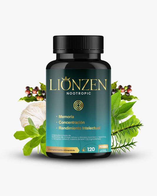 Complemento alimenticio Lionzen Nootropic en envase con cápsulas, para mejorar la memoria y la concentración mental.