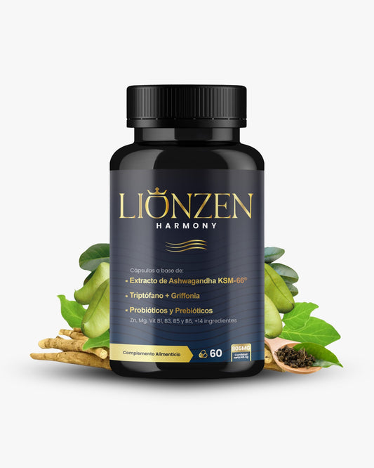 Suplemento alimenticio Lionzen Harmony en cápsulas, con ingredientes naturales para bienestar y equilibrio emocional.