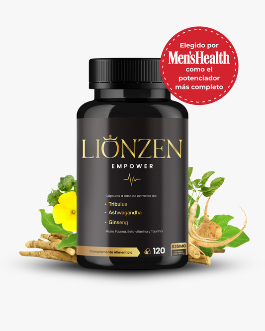 Complemento alimenticio Lionzen Empower en envase con cápsulas, saludable y natural para bienestar y energía.