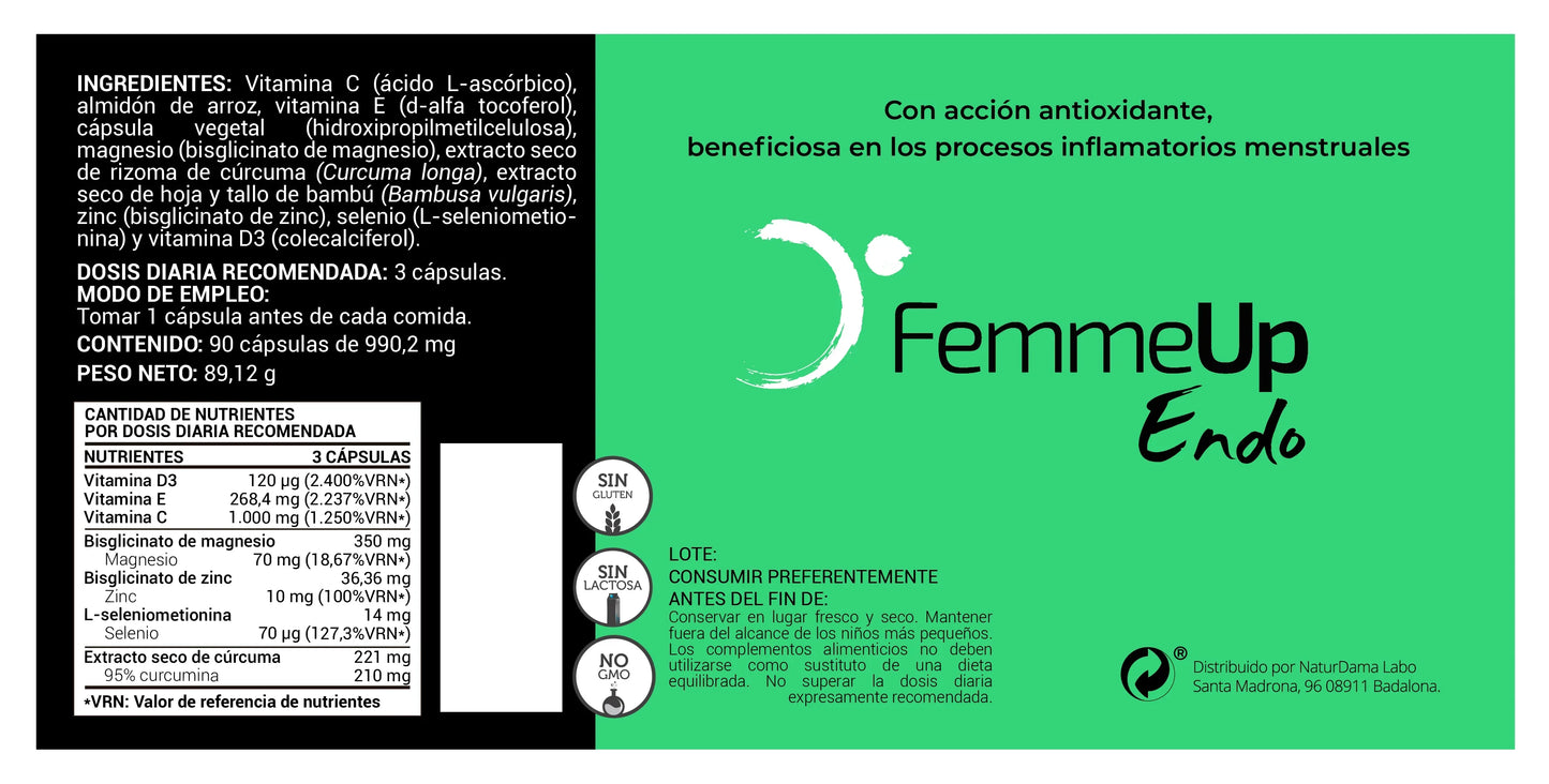 Cápsulas FemmeUp Endo de la marca Femmeup, paquete con varias cápsulas visibles sobre fondo neutro.