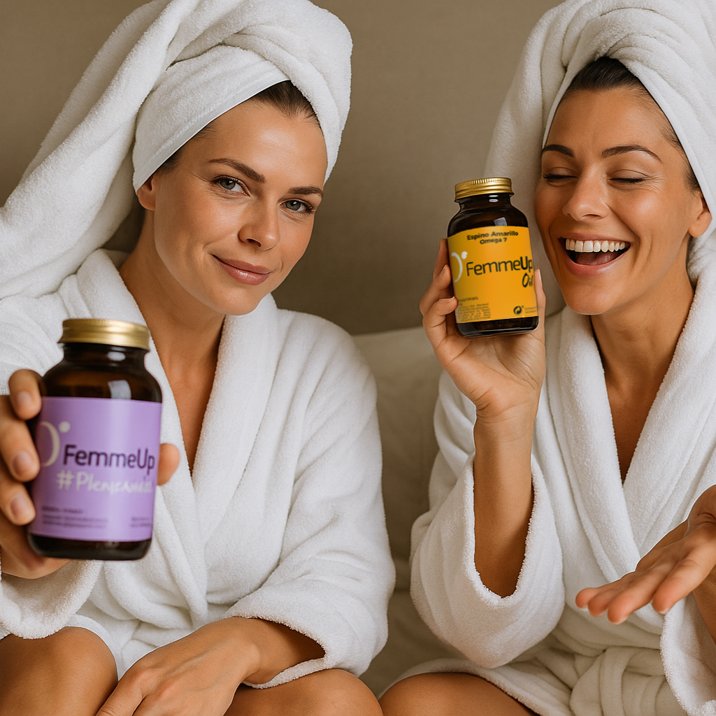 Cápsulas FemmeUp Plenipausia y aceite para mujer, paquete dúo con frascos y cápsulas en envase con ilustraciones femeninas