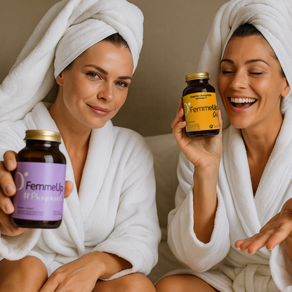 Cápsulas FemmeUp Plenipausia y aceite para mujer, paquete dúo con frascos y cápsulas en envase con ilustraciones femeninas
