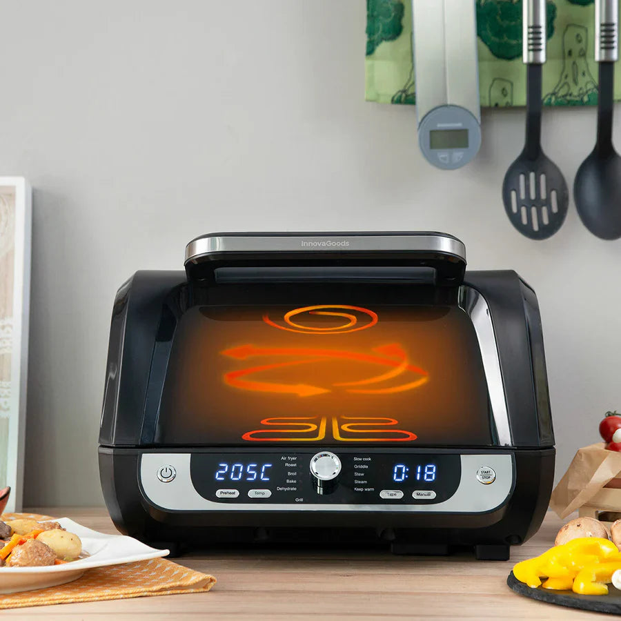 Freidora de aire con grill Innovagizmo Fryinn 12 en 1, accesorios y recetario, capacidad 6L, negro acero, 3400W