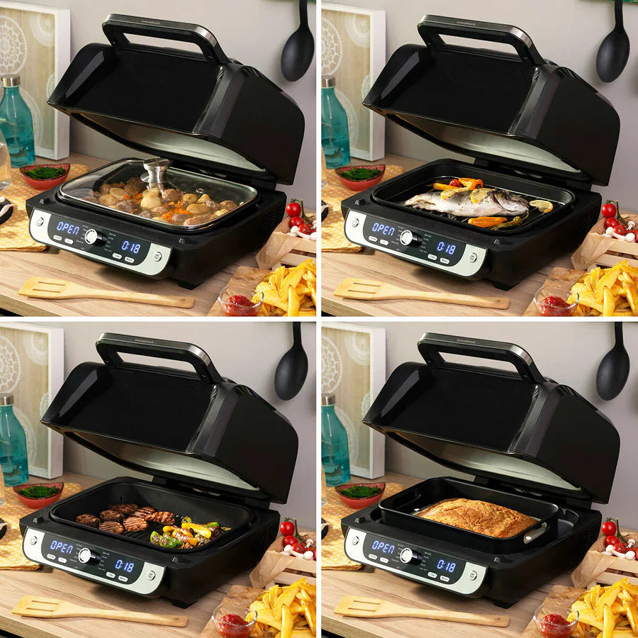 Freidora de aire con grill Innovagizmo Fryinn, accesorios y recetario, negra, acero, 6000 W, capacidad de 6 litros.