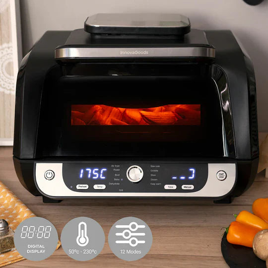 Freidora de aire con grill InnovaGoods Fryinn 12 en 1, accesorios y recetario, negro, acero, 6 litros, 3400W
