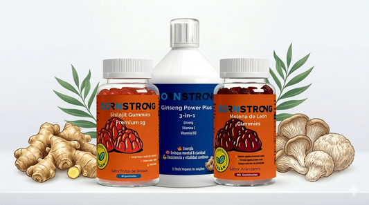 Paquete de foco y energía de BORNSTRONG FITNESS con suplementos para mantenerse activo y concentrado, imagen de Gemini generada.
