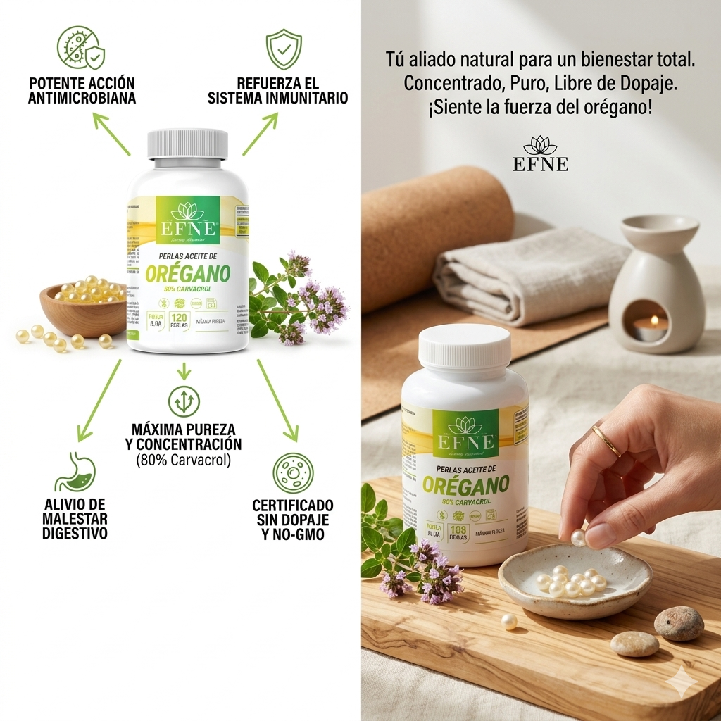 Perlas de aceite de orégano premium EFNE con 80% de carvacrol, en envase de 120 unidades, en frasco de vidrio.