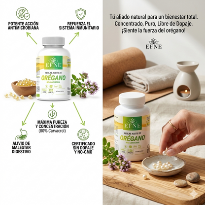 Perlas de aceite de orégano premium EFNE con 80% de carvacrol, en envase de 120 unidades, en frasco de vidrio.