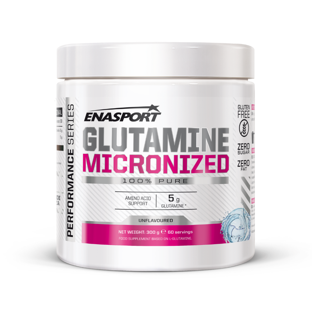 Suplemento de glutamina individual en envase de 300 g de la marca Enasport, con polvo blanco y etiqueta en la imagen