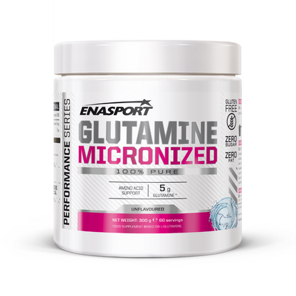 Suplemento de glutamina individual en envase de 300 g de la marca Enasport, con polvo blanco y etiqueta en la imagen