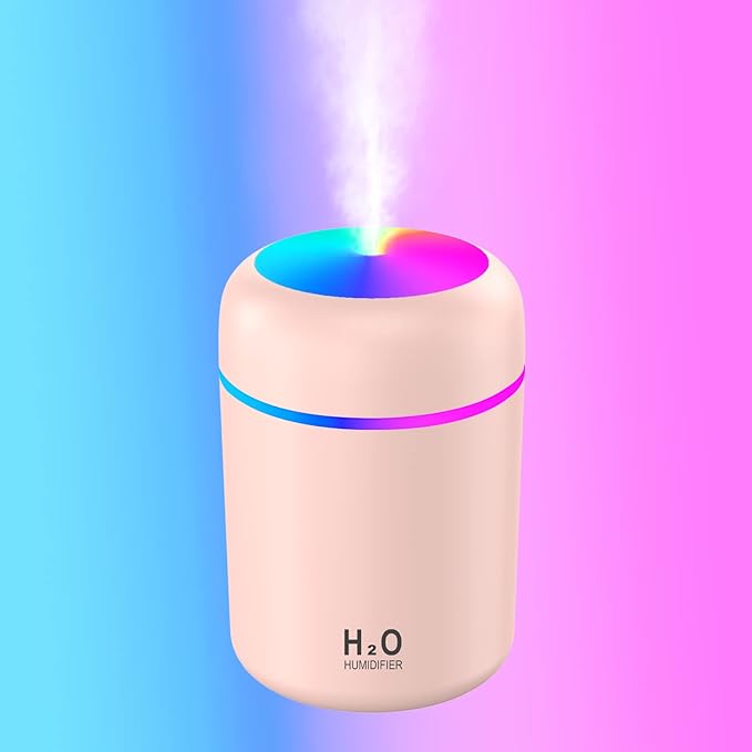Humidificador LED rosa de Dropea de Innovagizmo.com, con luz suave y diseño compacto para ambientes frescos y relajantes.