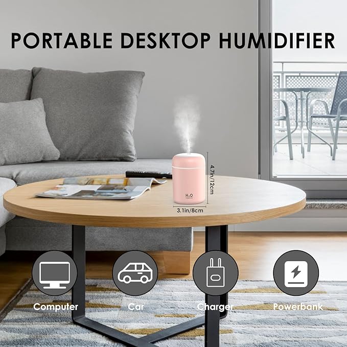 Humidificador LED rosa Dropea de innovagizmo.com mostrando luz suave y vapor en un entorno moderno y relajante.