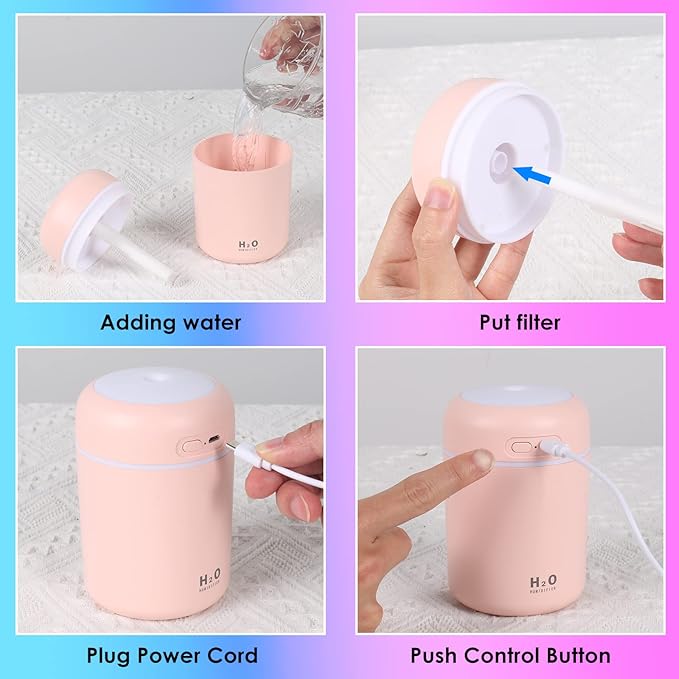 Humidificador Dropea rosa con luces LED suaves y diseño compacto, ideal para mejorar la humedad en ambientes interiores.