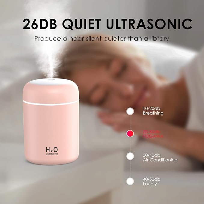 Humidificador LED rosa Dropea de Innovagizmo con luz suave, mostrada en una superficie blanca con vapor.