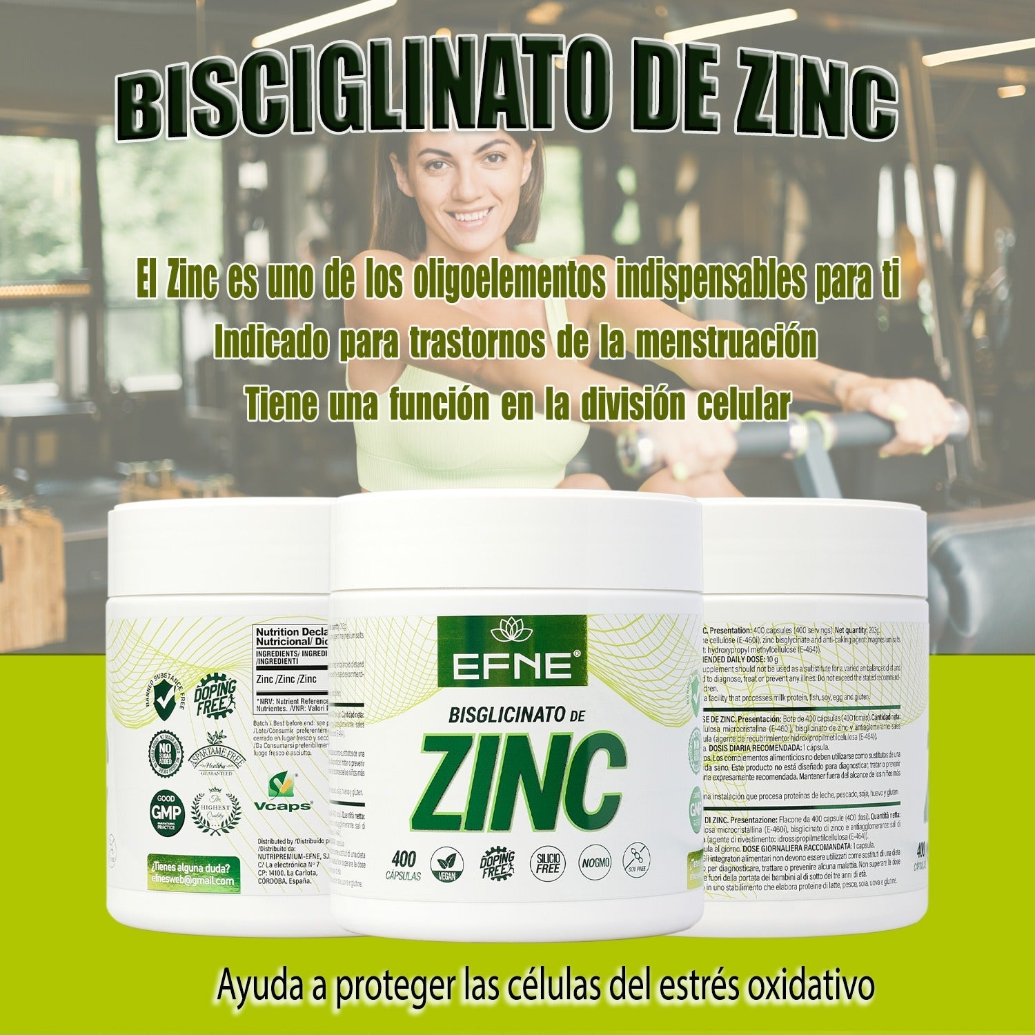 Suplemento de zinc bisglicinato de EFNE en cápsulas, imagen de la botella con 400 cápsulas de zinc para la salud.